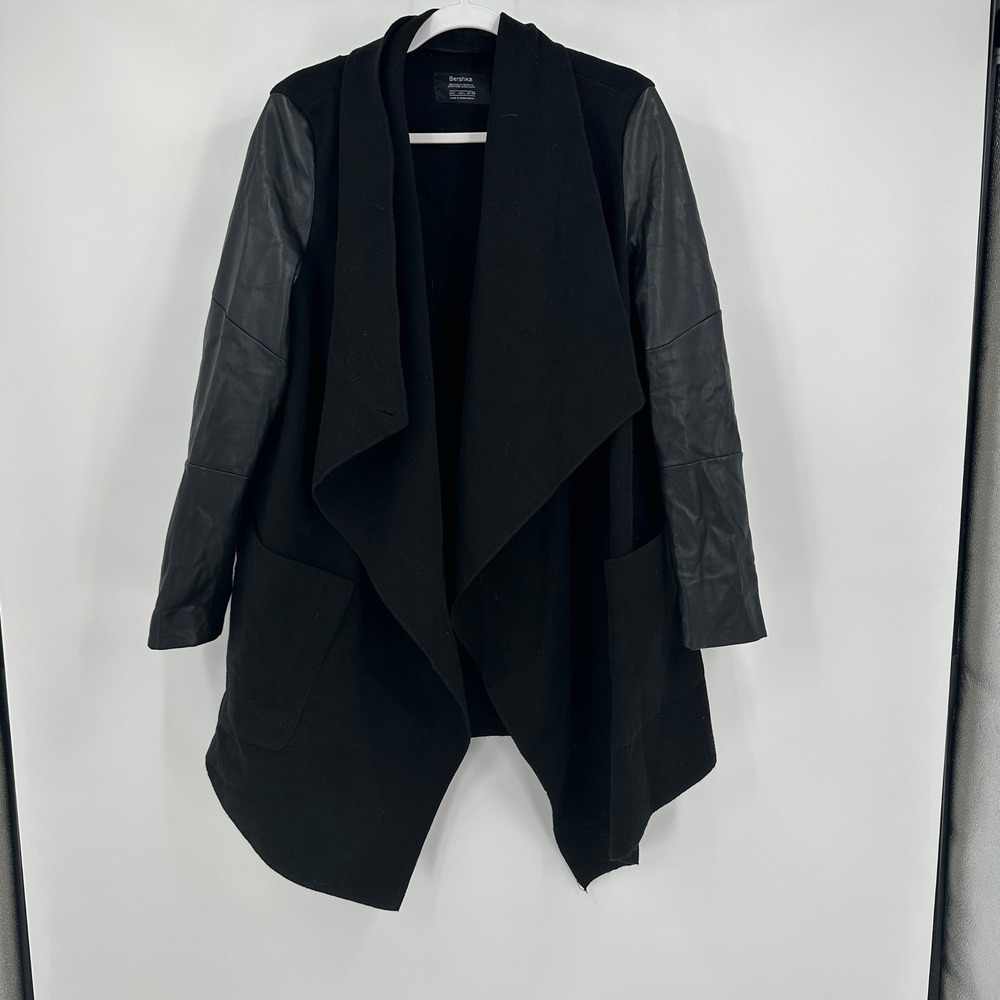 Bershka Womens Moody Waterfall Coat Size L Faux Leather Sleeves Drape Goth Black